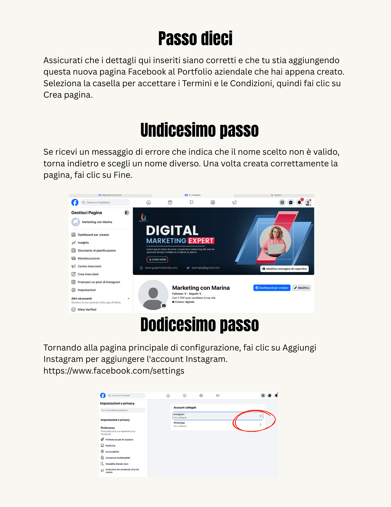Pagina della guida: collegare la pagina Facebook all'account Instagram