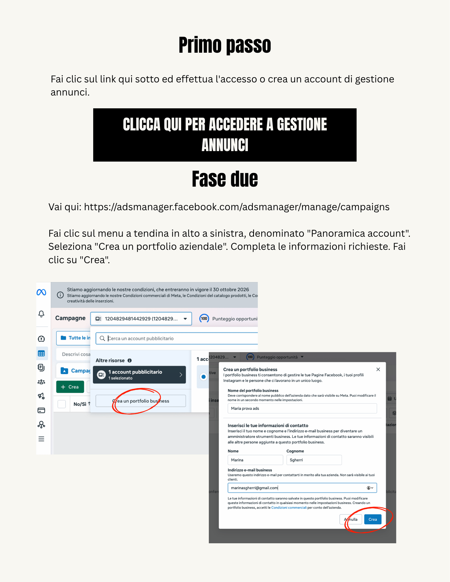 Pagina della guida: accedere a Gestione Inserzioni e creare il portfolio business