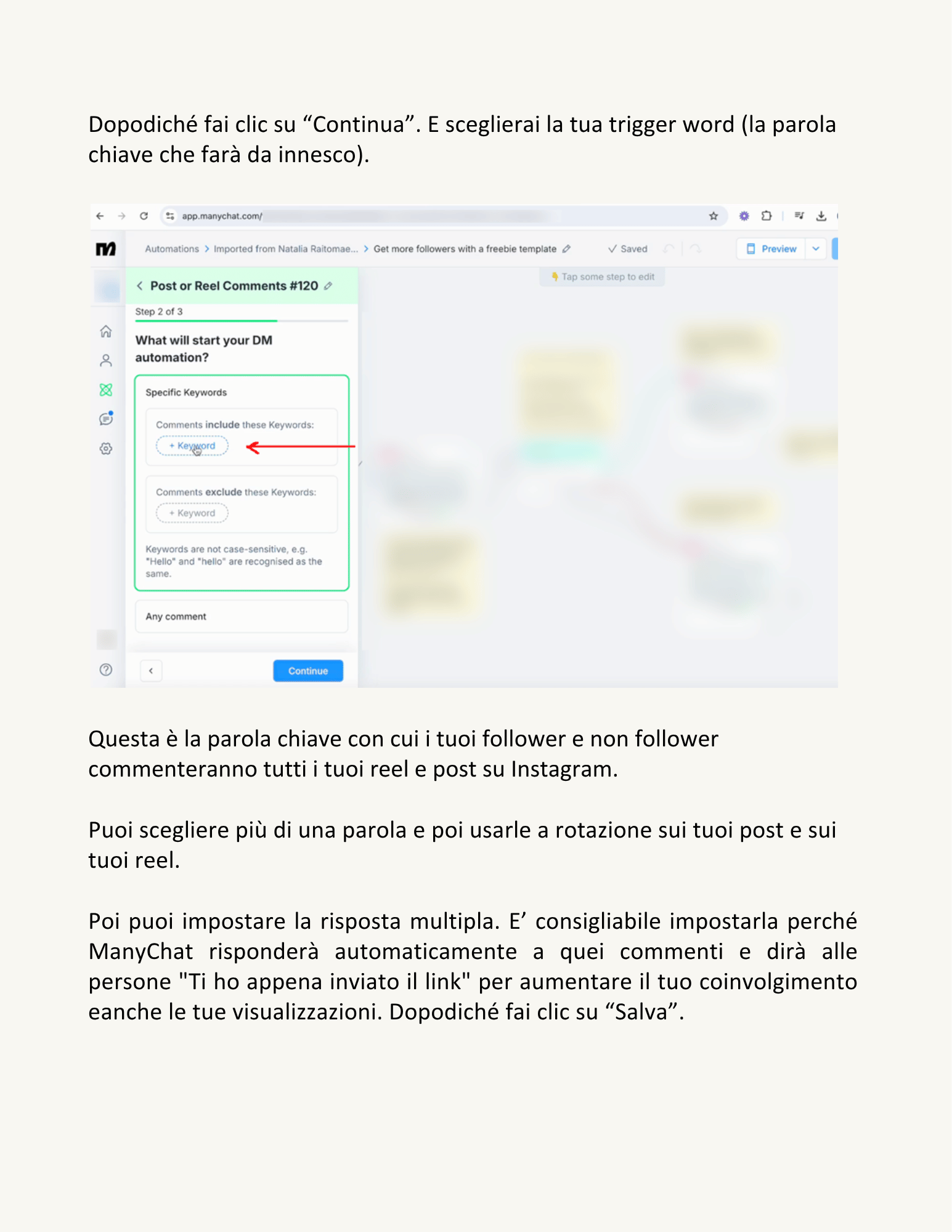 Pagina della guida: impostare la parola chiave di innesco su ManyChat
